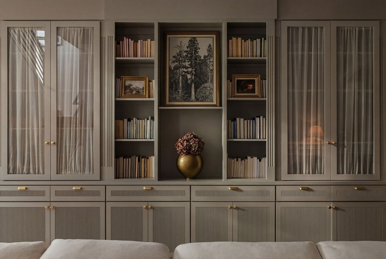 Living room with built-in bookcases, glass-fronted cabinets, framed art, and a brass vase of flowers.