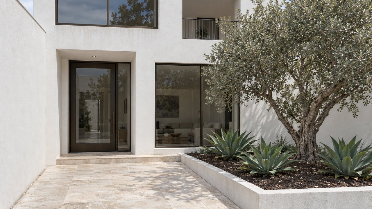 White two-story stucco home with bronze-framed windows, recessed entry, and an olive tree in a raised planter.