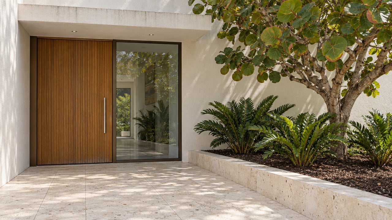Contemporary home's recessed wood entrance with tall glazing, pale limestone approach and sculptural sea grape planting.
