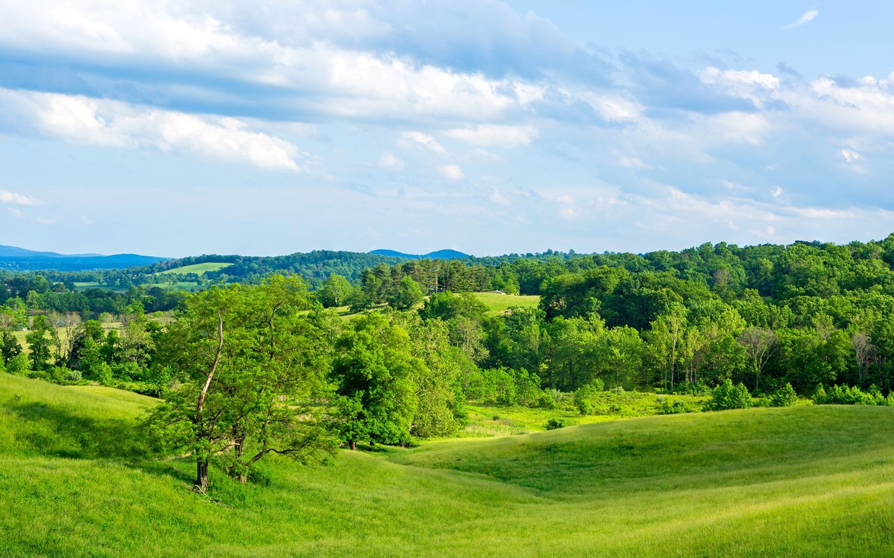 Rolling green hills and wooded ridges beneath a cloud-filled blue sky.