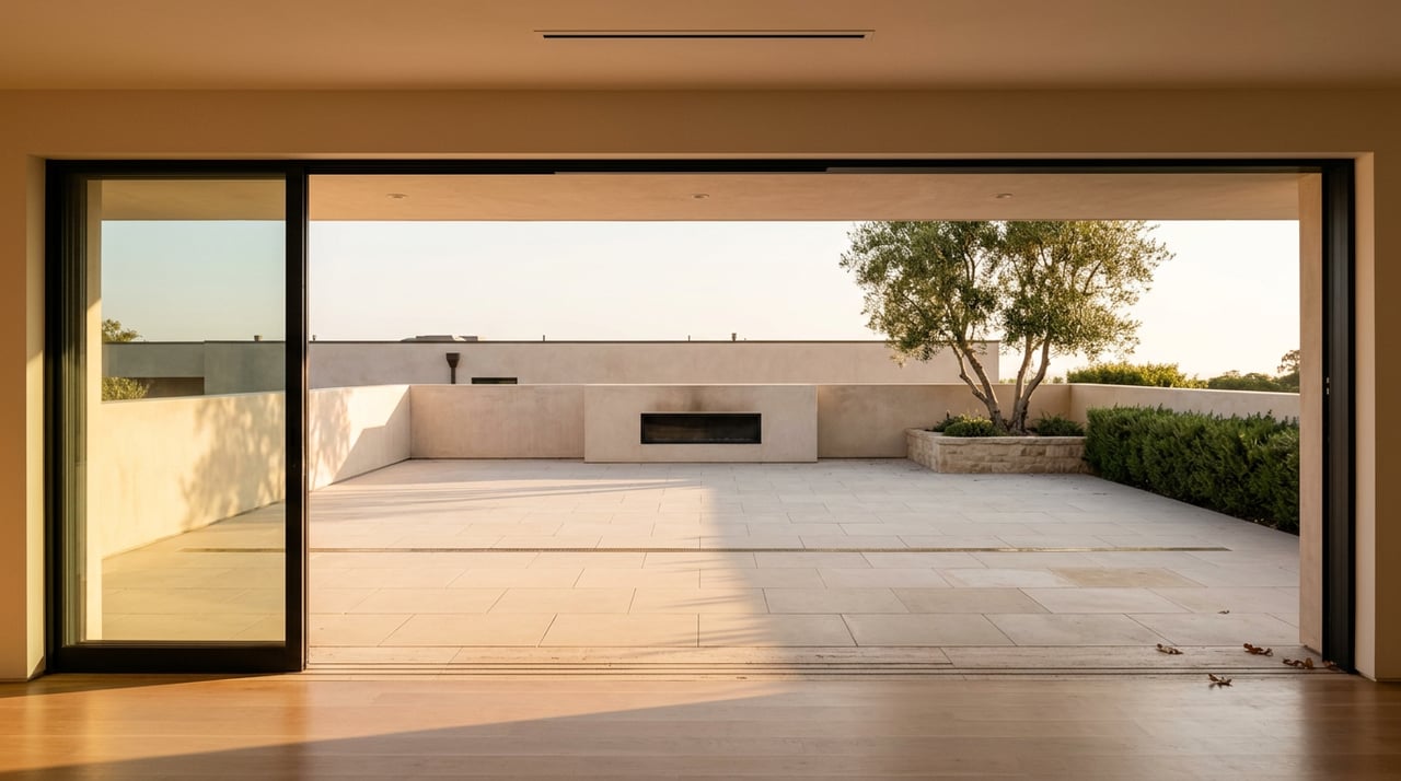 Terrace beyond open glass wall, with pale pavers, a dark linear fireplace, and olive tree.
