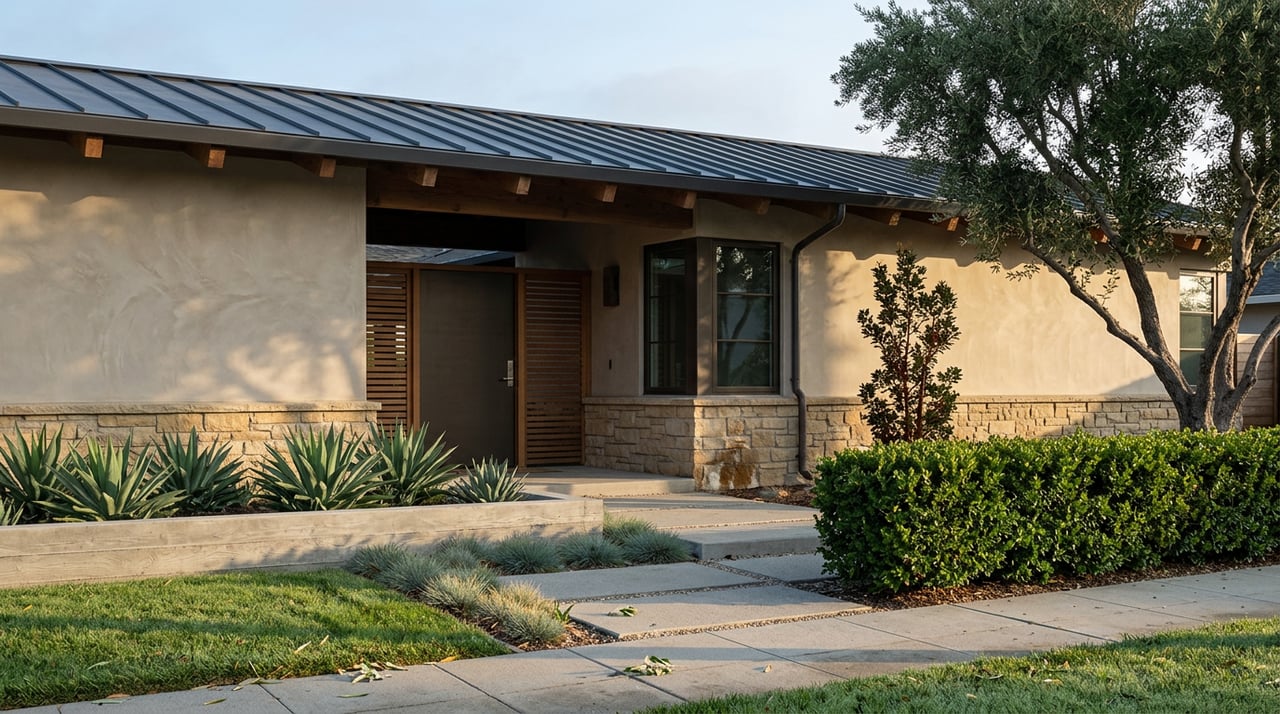 A concrete paver walkway leads to a sand-colored stucco home with a dark door, olive tree, and raised succulent bed.