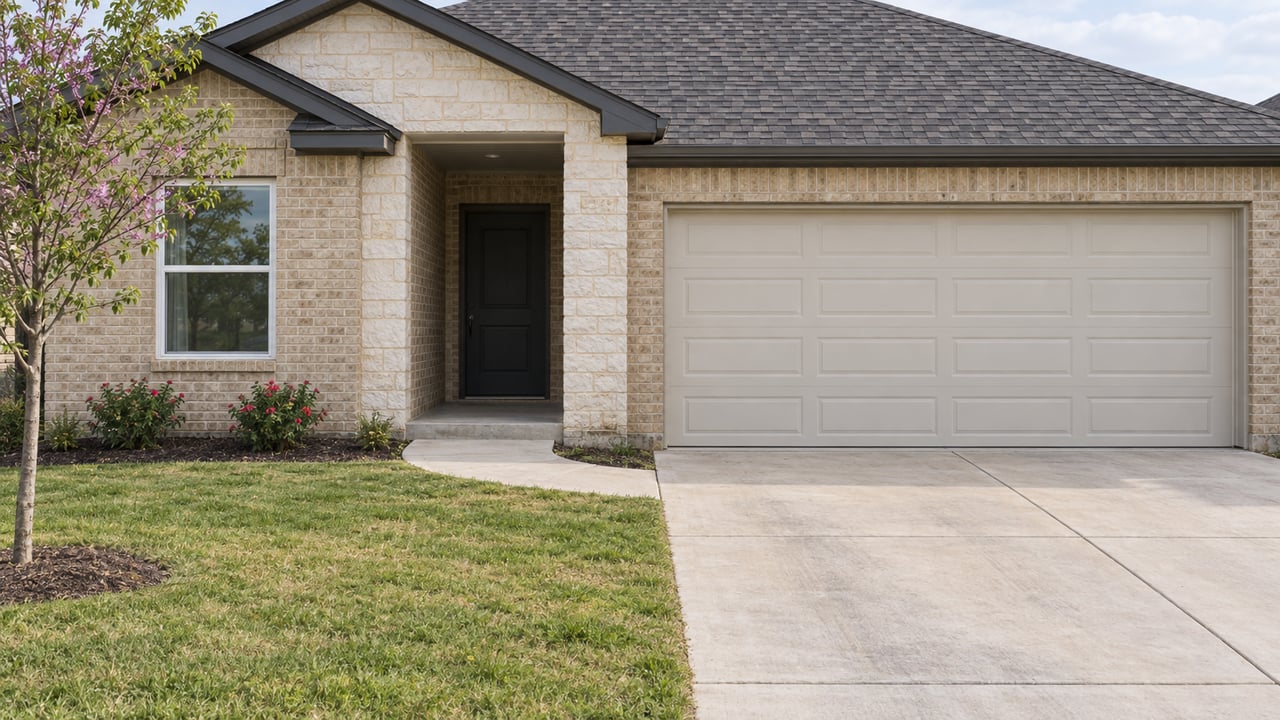 Light tan brick single-story home with a recessed limestone entry, cream two-car garage, concrete approach and modest lawn planting.