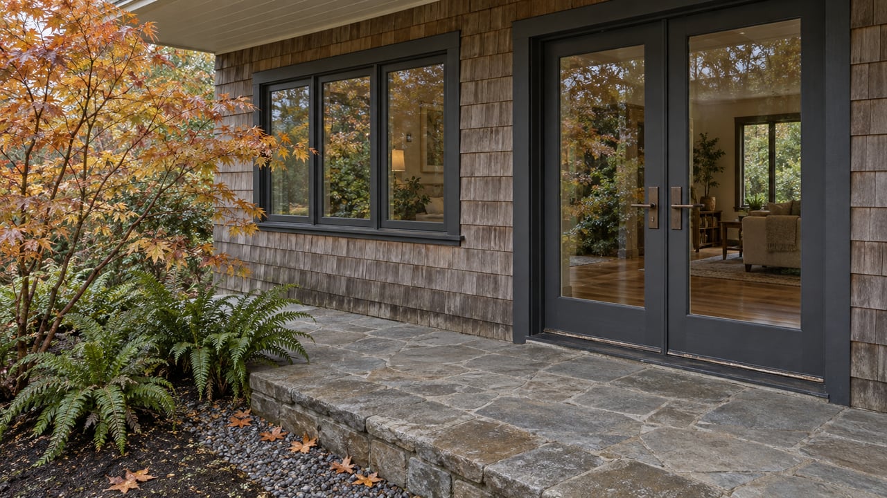 Weathered cedar-shingle entry with charcoal glazed doors, a stone porch and copper-yellow maple leaves beside sword ferns.