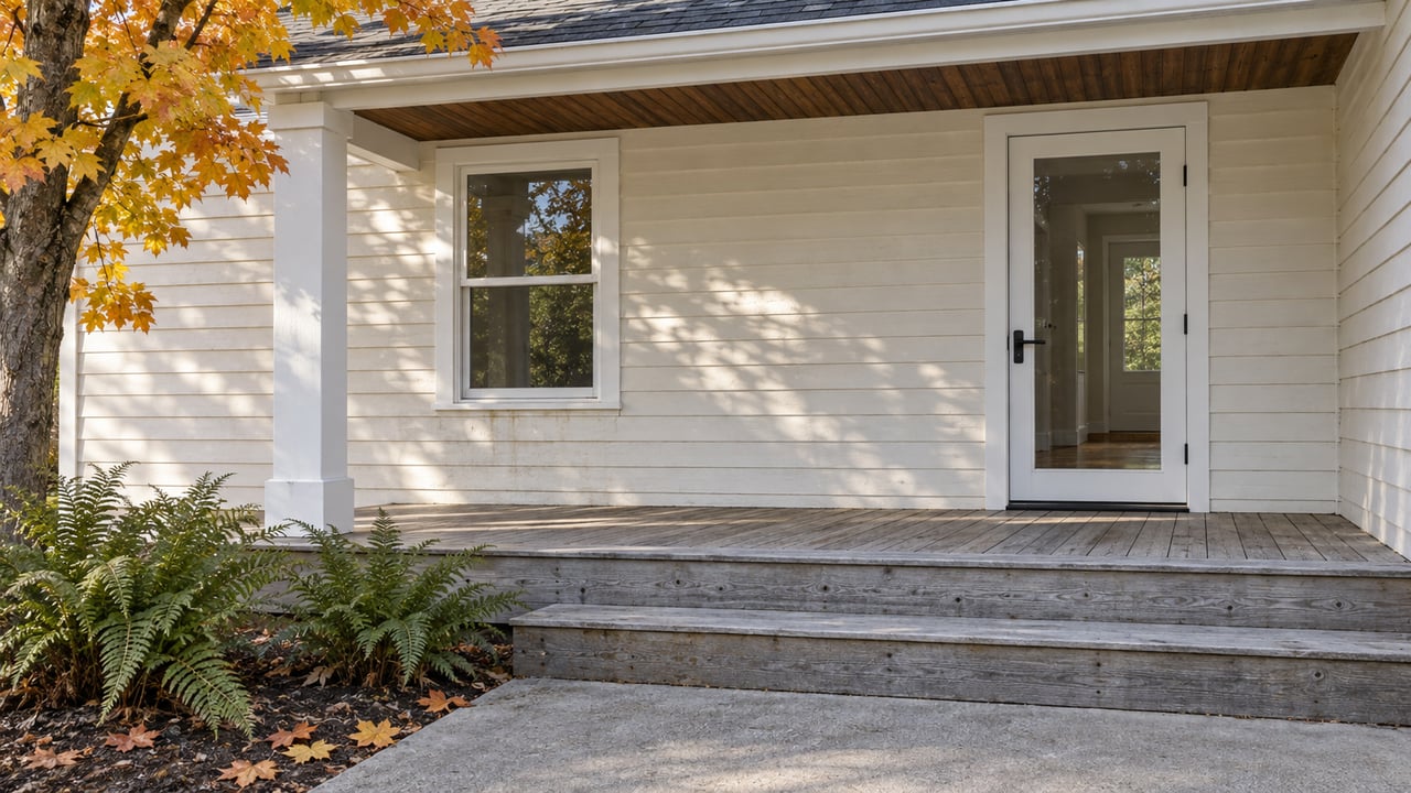 White wood-sided home with a covered cedar porch, closed glass entrance door and golden maple foliage.