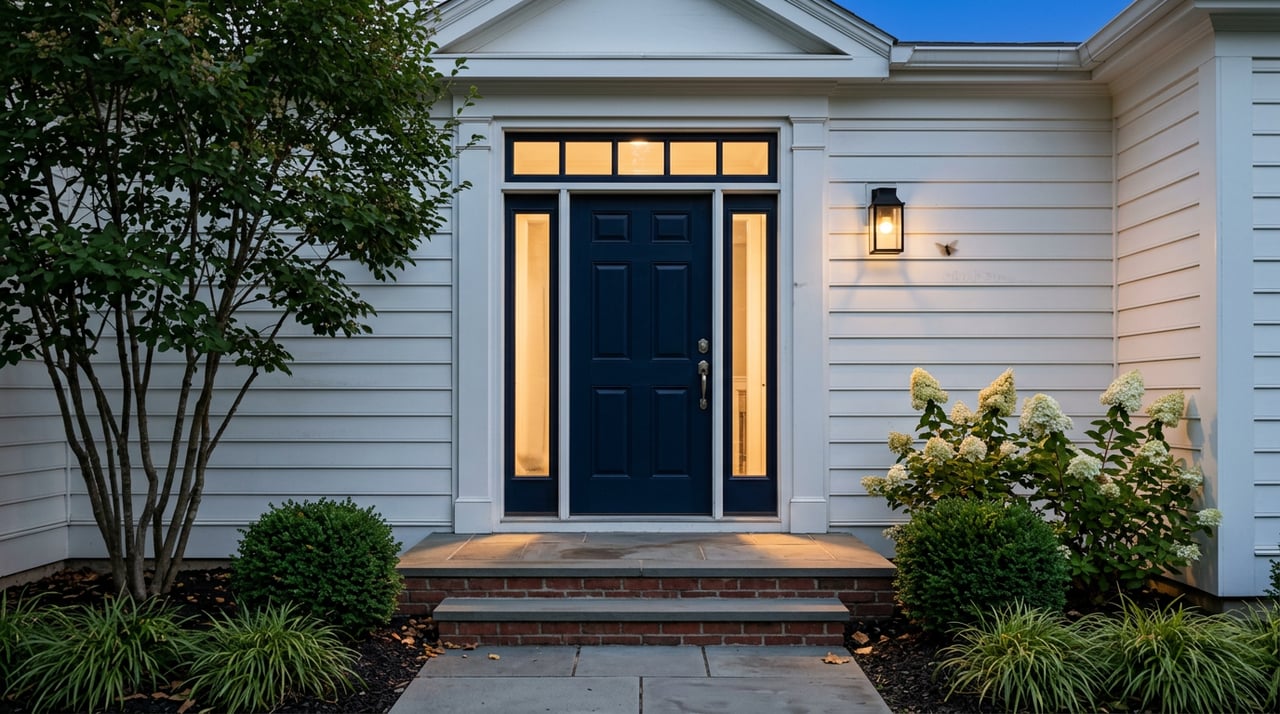 Navy paneled door with glowing sidelights and transom above brick steps and a bluestone landing.