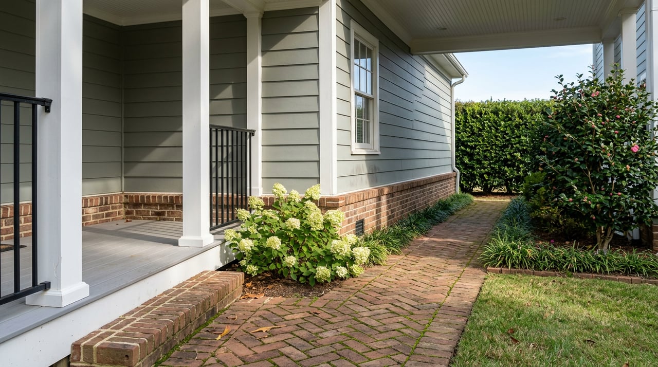 White-posted porch corner beside a herringbone brick path, pale hydrangeas, and a clipped hedge.