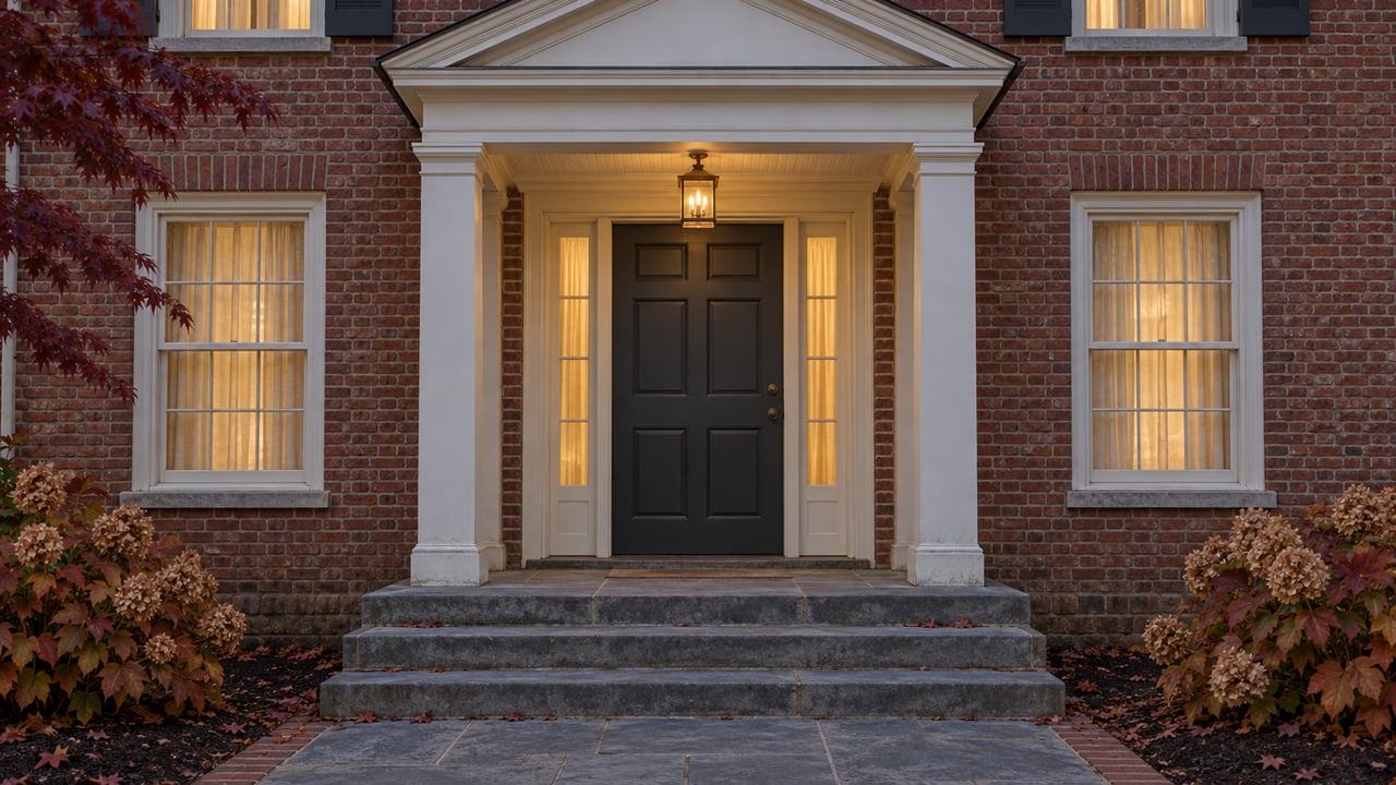 Brick house entry at dusk with an ivory portico, charcoal door, bluestone steps and russet oakleaf hydrangeas.
