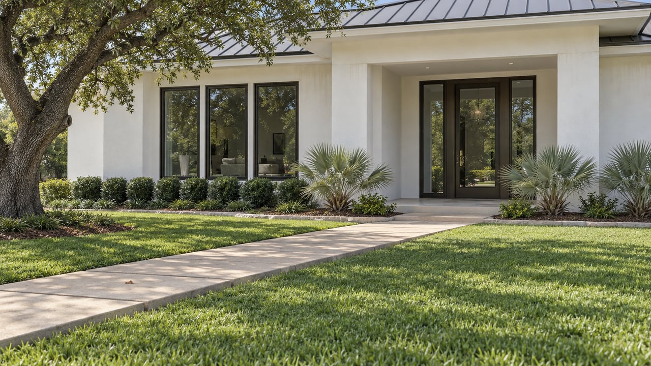 White stucco home with bronze-framed windows and recessed glass entry, a warm paver approach, deep green lawn and sculptural coastal planting.
