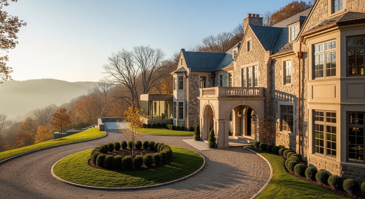Large stone manor with slate roofs beside a curved driveway and circular landscaped garden.