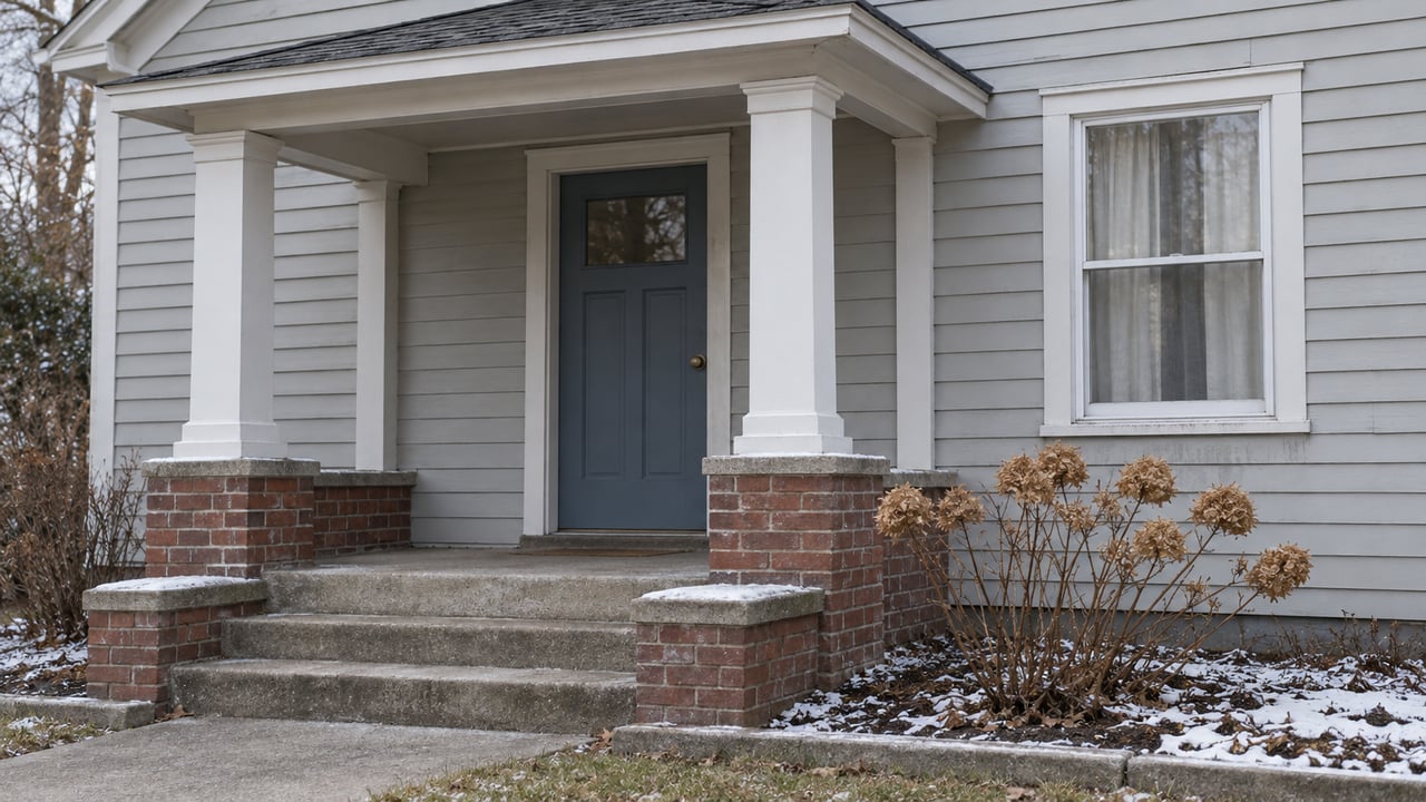 A gray clapboard home's covered porch with a muted blue door, brick-sided concrete steps and light snow beside a dried hydrangea.