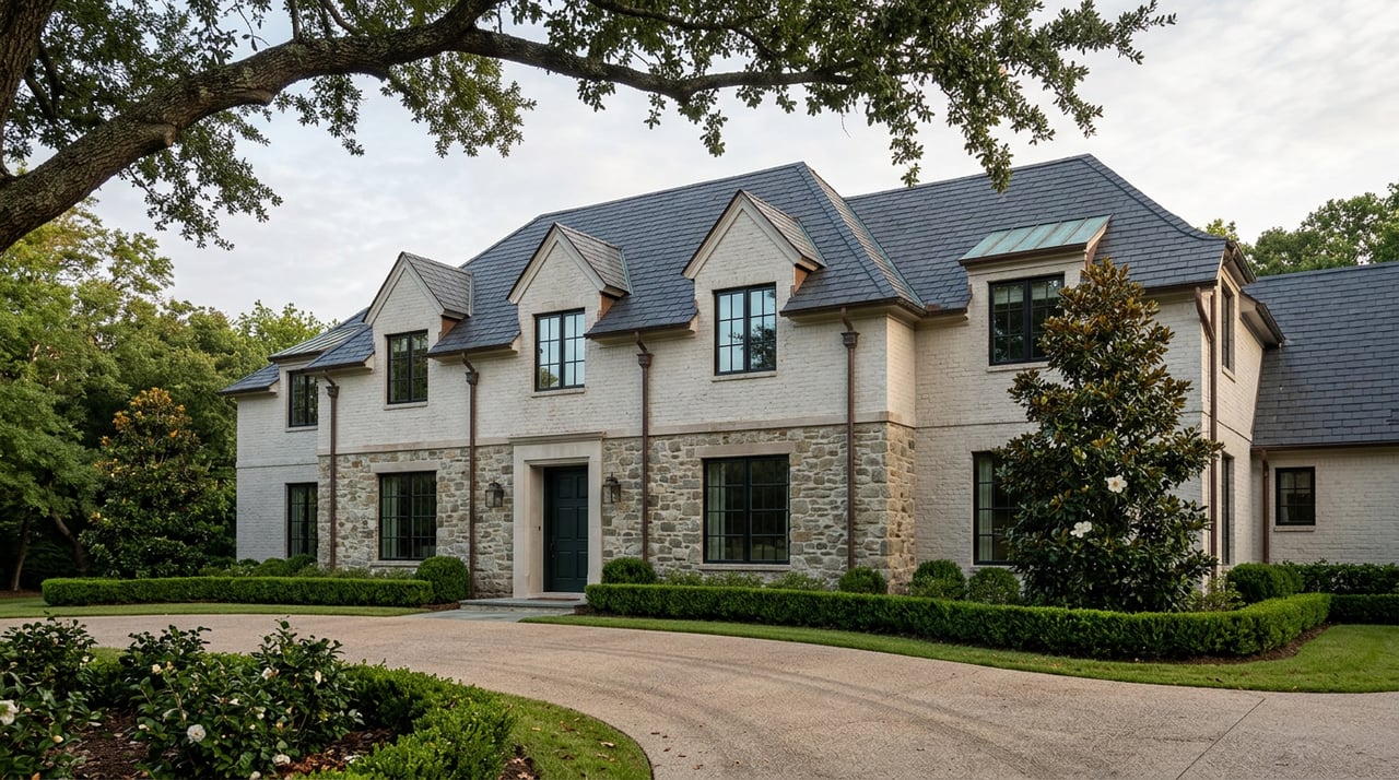 Stone-and-brick manor with gabled dormers, curved aggregate driveway, live oak canopy, and magnolia bloom.