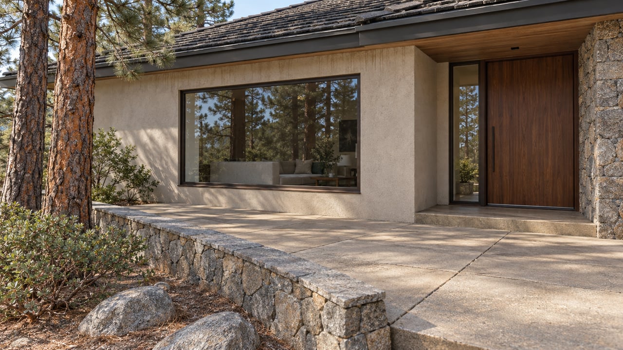 Warm stucco home with a sheltered walnut entry, bronze-framed glass, granite retaining wall, and mature pine trunks beside a paved terrace.