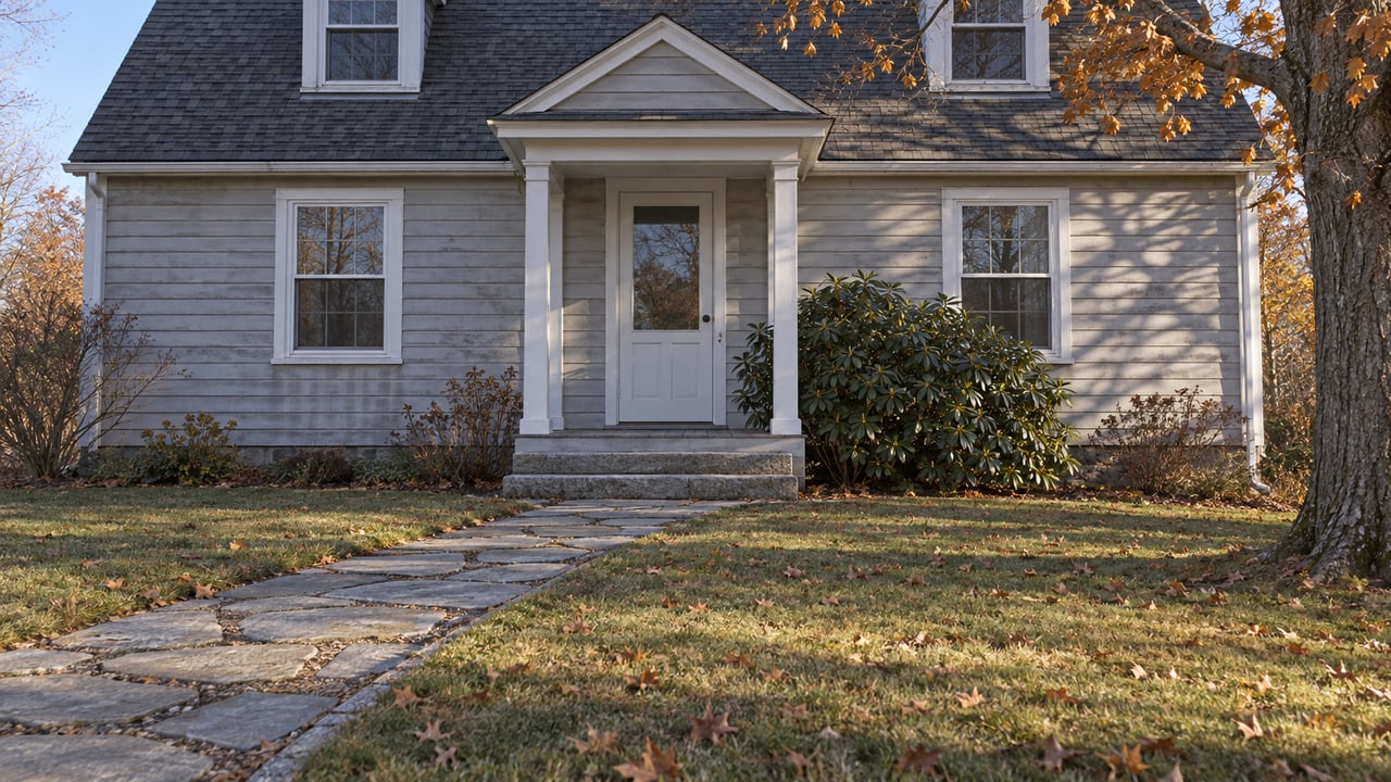 Weathered pale-gray clapboard home with a granite entry path, frost-muted lawn and a copper-leaved maple in crisp autumn light.