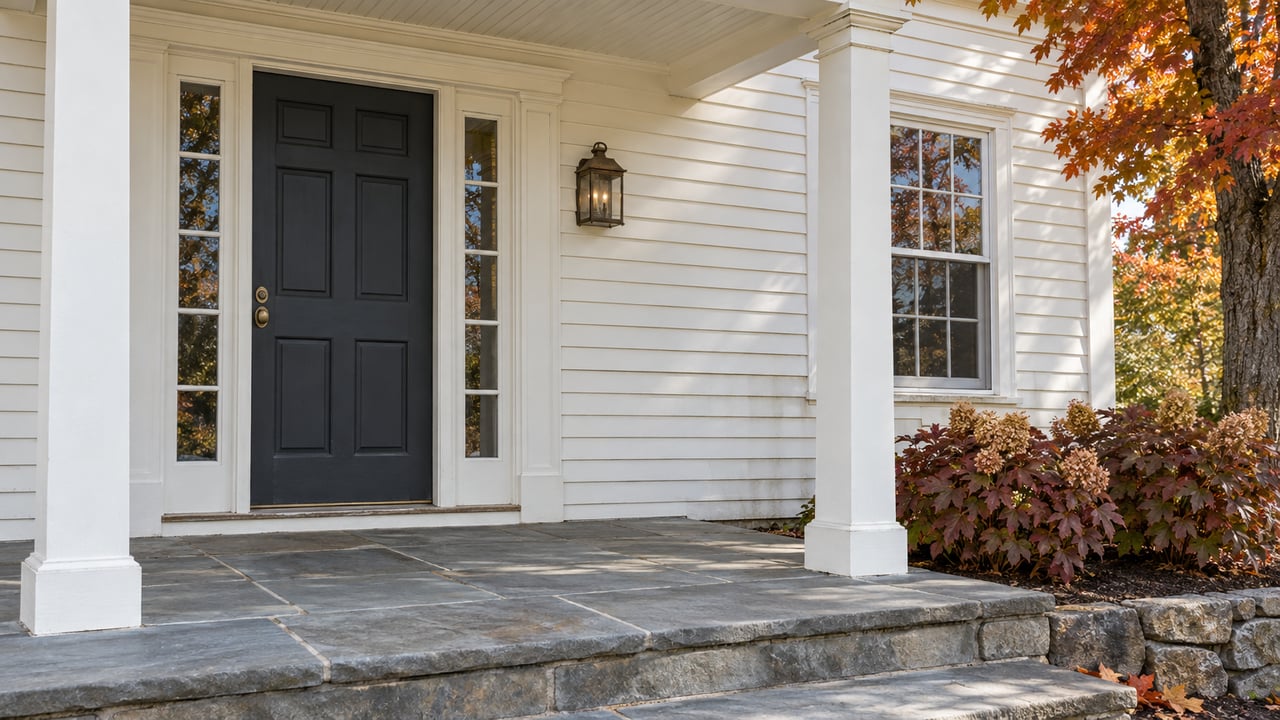 Covered entry of an ivory clapboard home with a charcoal door, paired glazed sidelights, a bluestone landing and autumn maple foliage.