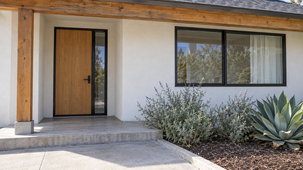Sunlit single-story home entry with an oak door, black-framed window, timber porch beam, and agave beside a concrete approach.