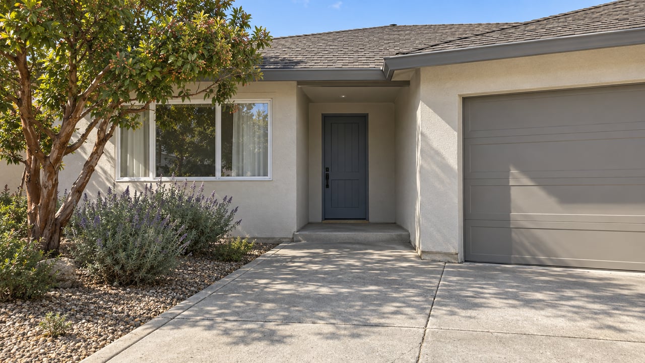 Sunlit stucco home with a recessed blue-gray front door, shaded window, concrete approach and a strawberry tree beside a gravel planting bed.