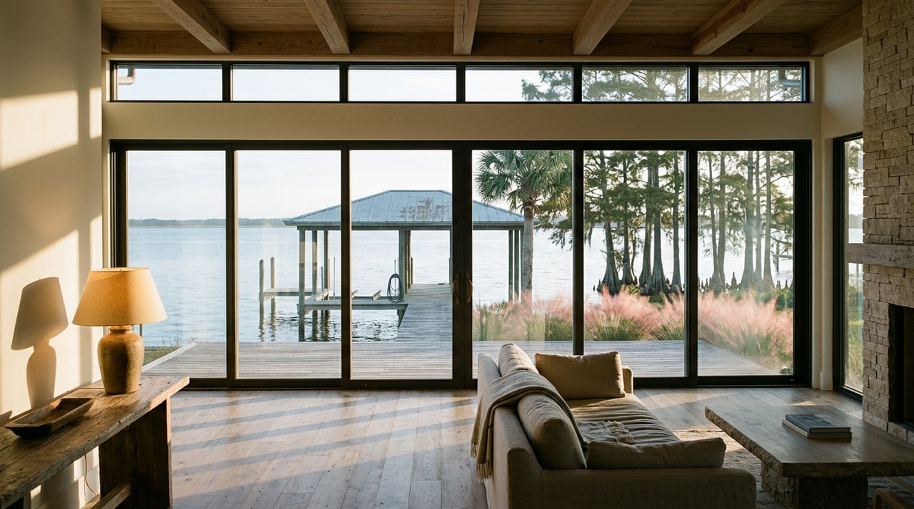 Coastal living room with glass doors overlooking a dock, open water, and cypress trees in morning light.