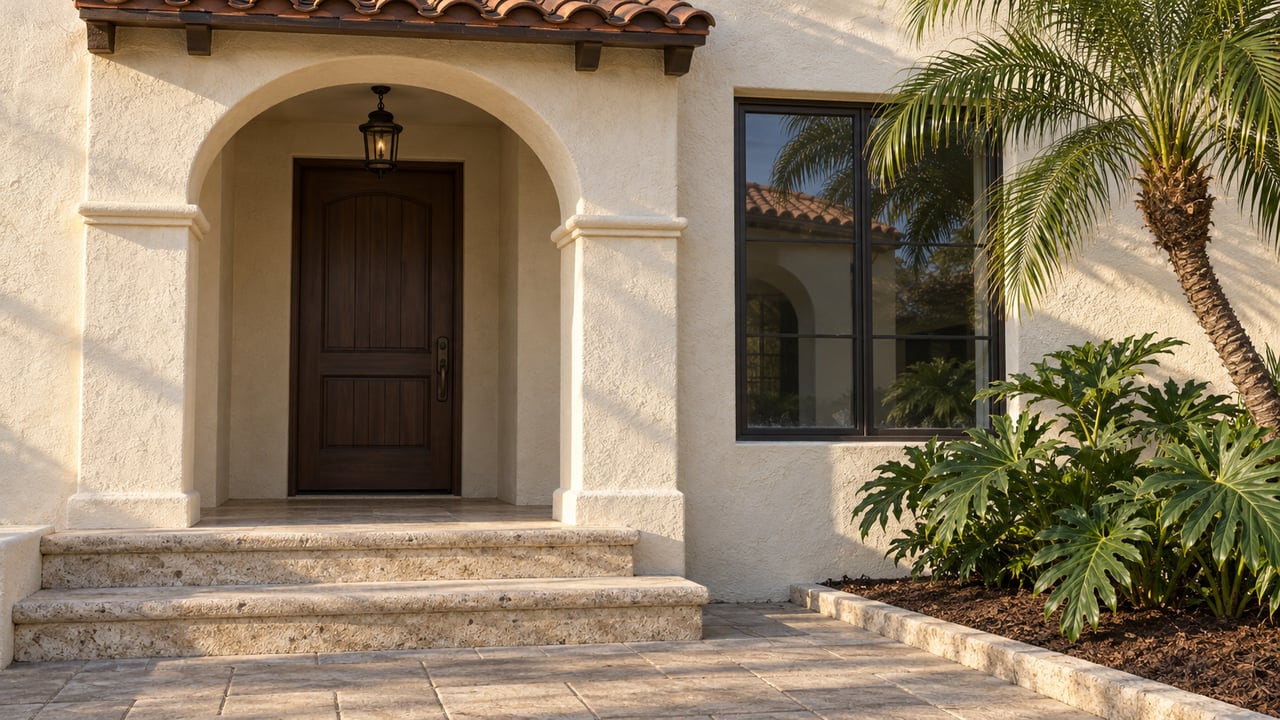 Sunlit ivory stucco villa entrance with clay roof tiles, a dark timber door, limestone steps and a sculptural palm beside a bronze-framed window.