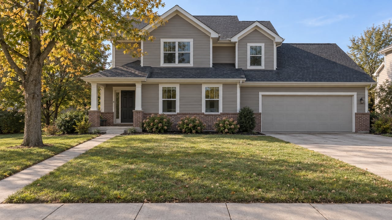 Two-story greige house with a brick base, attached garage, deep lawn, and a partly golden oak tree.