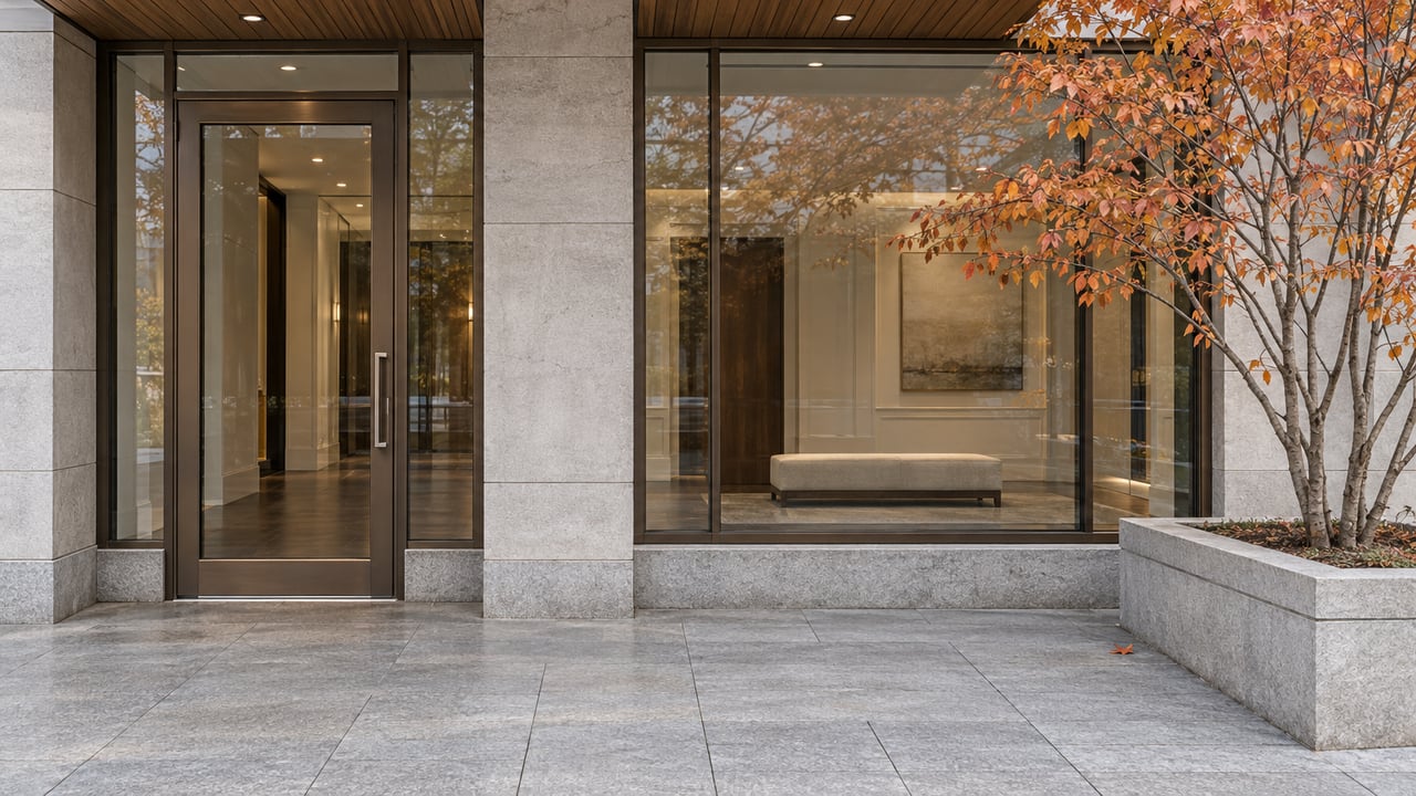 Glazed residential entrance with pale limestone, bronze framing, a wood-lined canopy and a copper-leaved serviceberry in a raised stone planter.