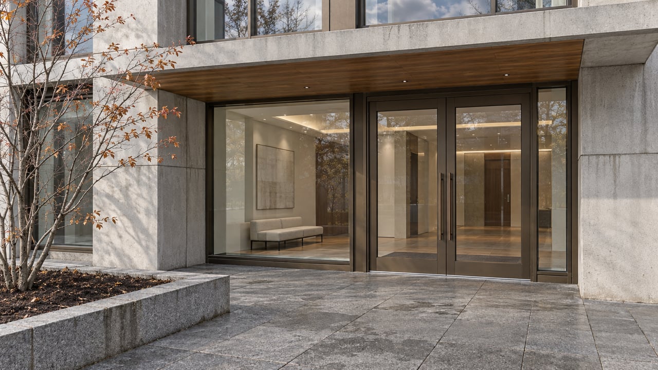 Contemporary glazed residential entrance beneath a concrete canopy, with granite paving and a sparse copper-leaved serviceberry.