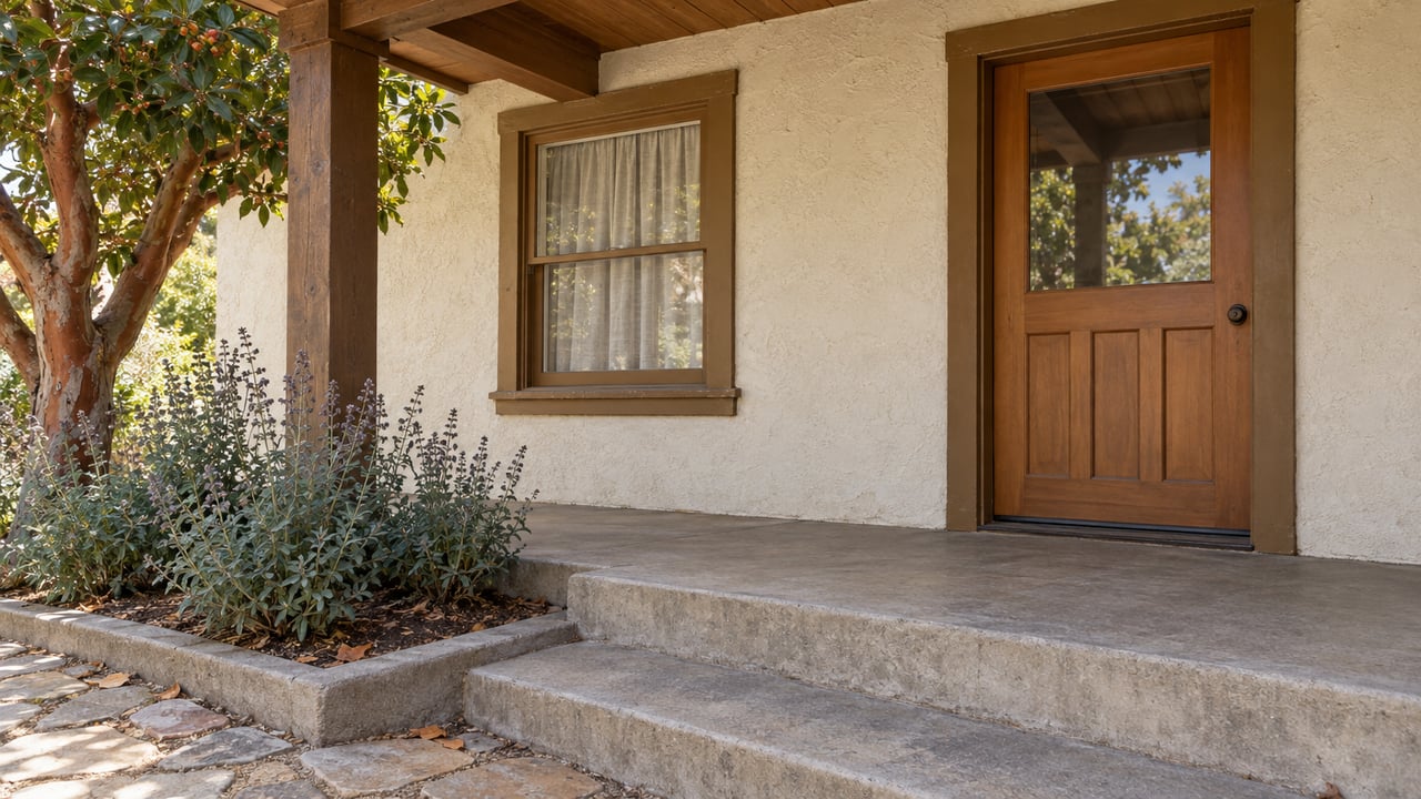 Covered bungalow entry with timber framing, ivory stucco, worn concrete steps and a small planted bed.