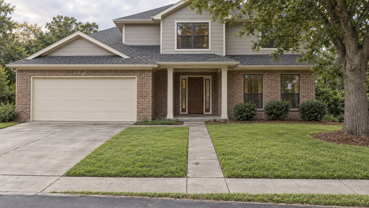 Two-story house with a two-car garage, brick lower level, front lawn, and mature oak tree.