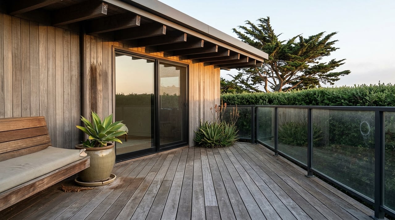 Coastal terrace with weathered decking, glass railing, cedar facade, and a windswept cypress behind a clipped hedge.