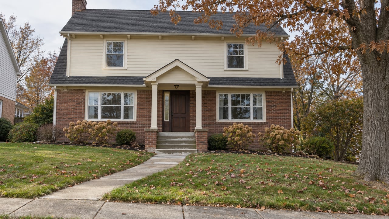 Traditional brick and ivory clapboard house above a sloping autumn lawn, with concrete entry steps and a mature red oak.