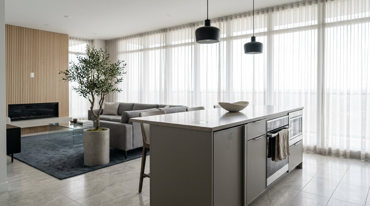 Modern condo kitchen with gray cabinetry, stone island, sheer-draped windows, and a living-room fireplace.