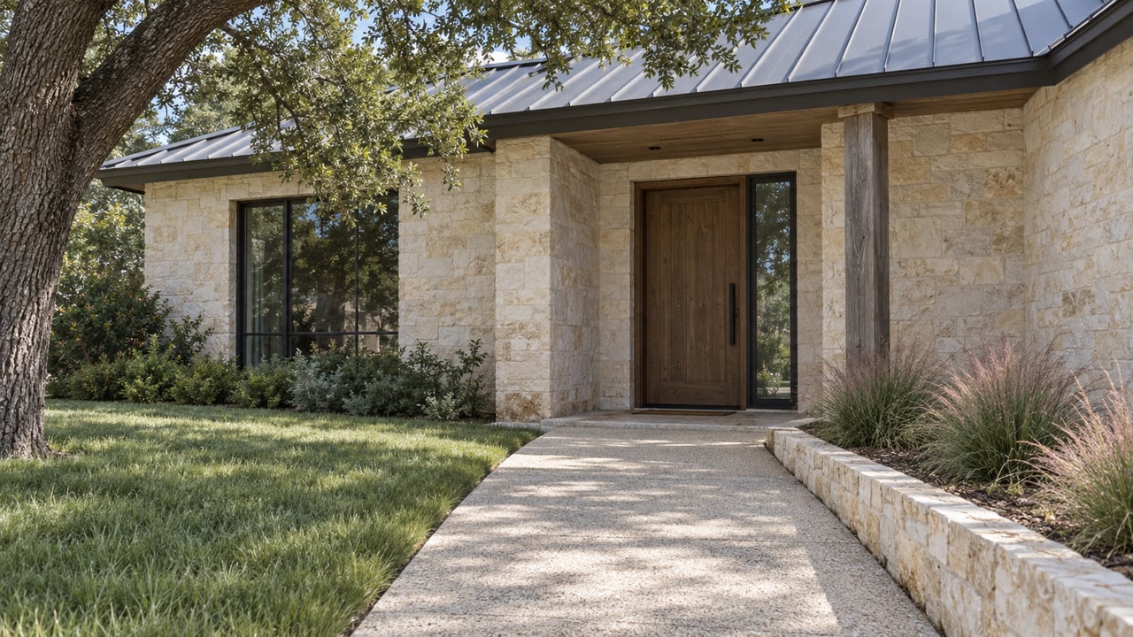 Limestone home entrance with recessed timber door, diagonal concrete walk, and overhanging oak canopy.