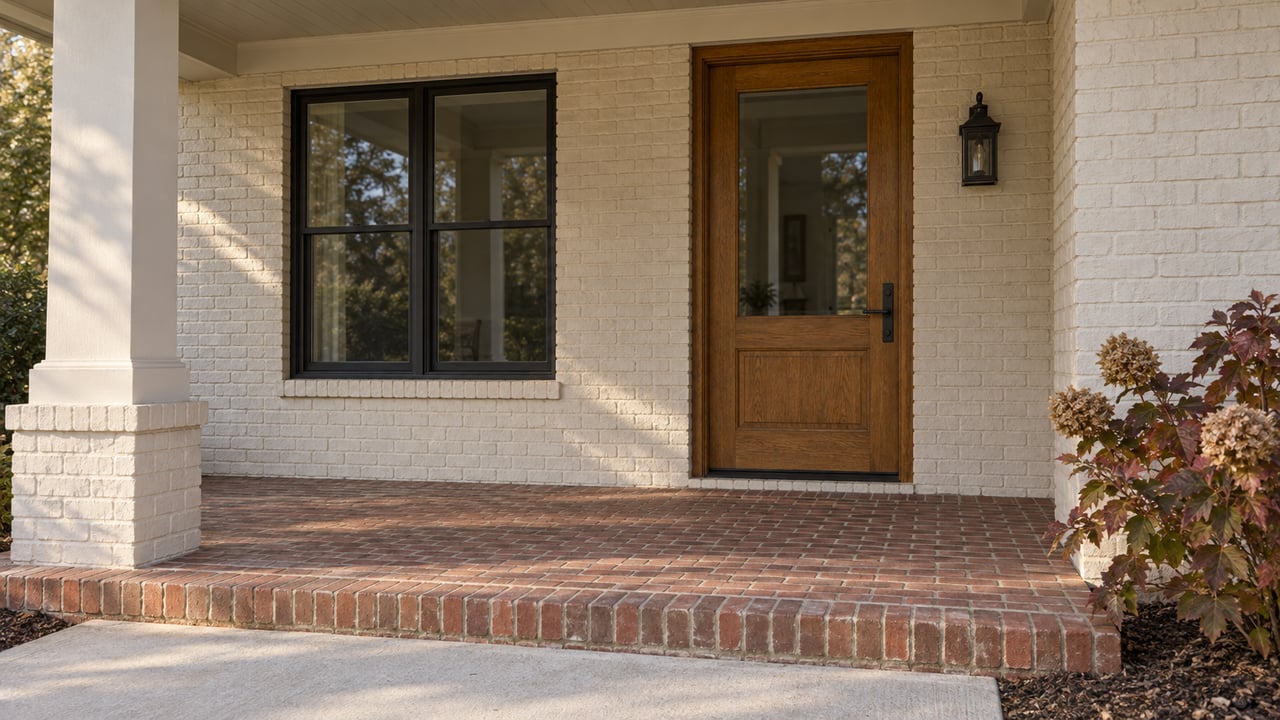 Warm sunlight across an ivory painted-brick porch with an oak entry door, black-framed window and autumn oakleaf hydrangea.