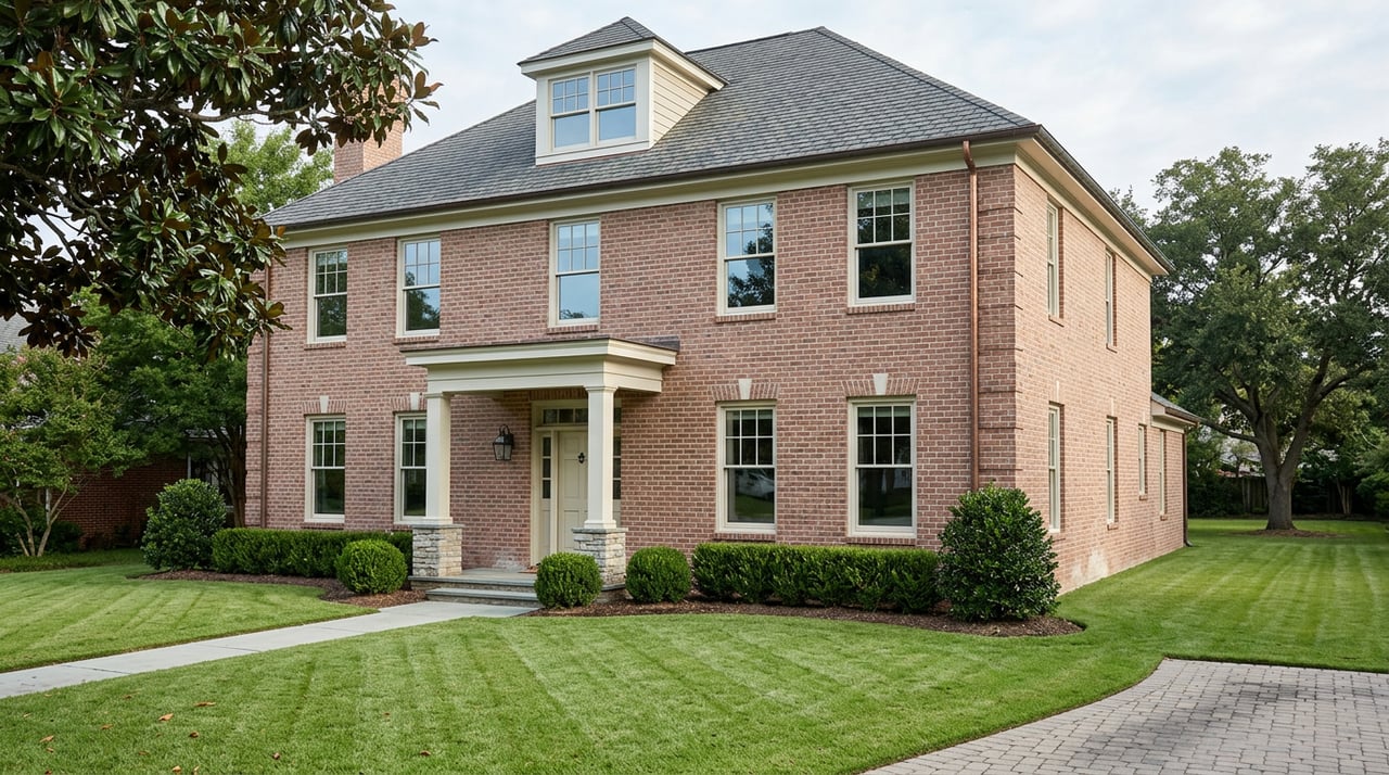 Two-story red-brown brick house with white-columned portico, broad lawn, concrete walk, and mature magnolia tree.
