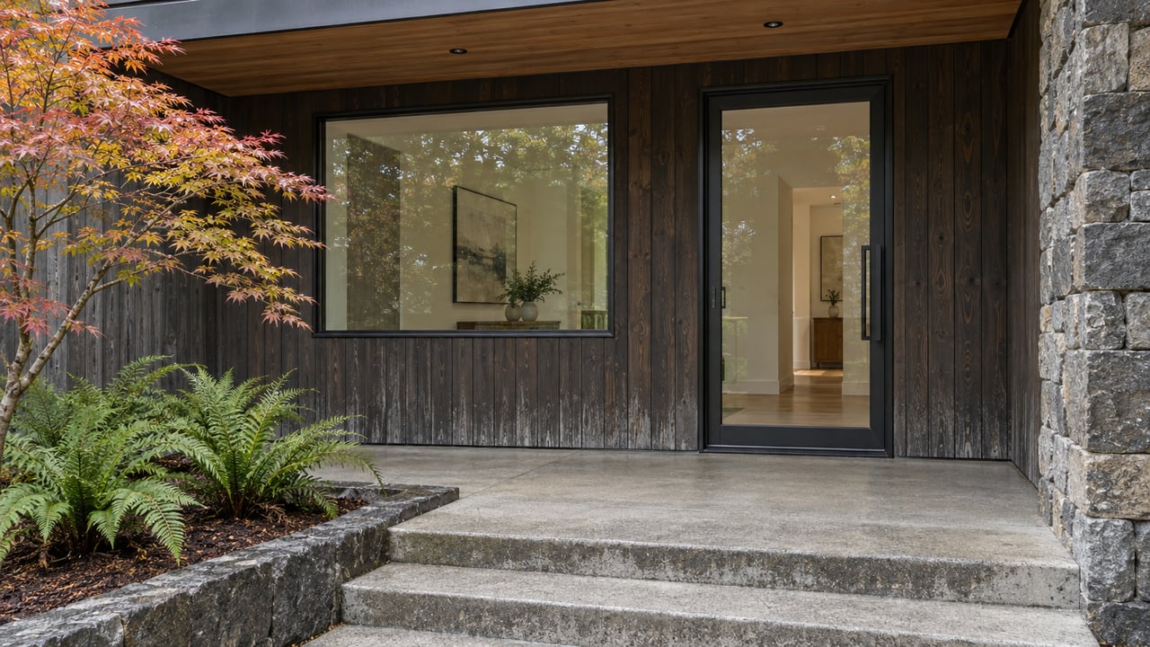 Covered contemporary home entry with dark cedar siding, a glazed door, basalt stone, and autumn vine maple beside concrete steps.