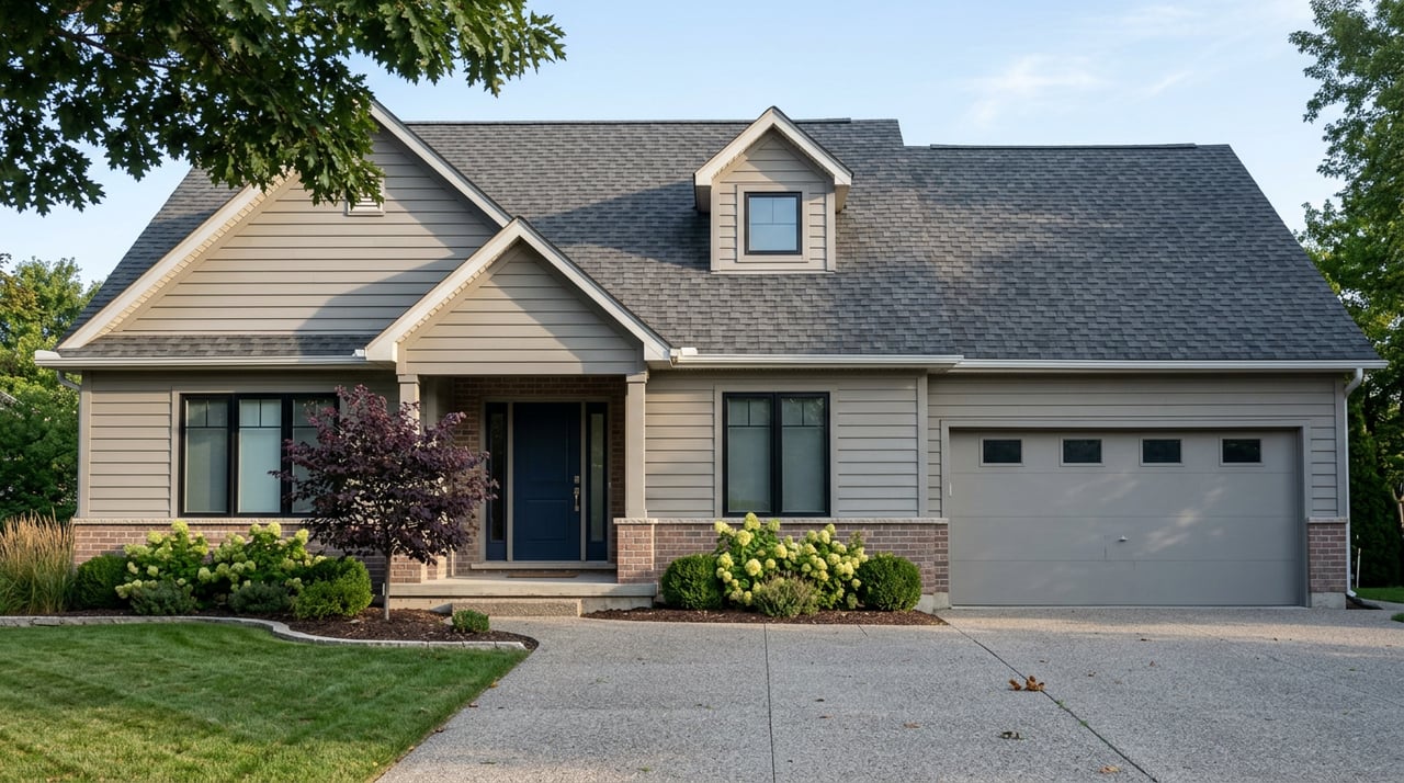 Two-story gray suburban home with a centered gabled entry, carriage-style garage, and landscaped lawn.