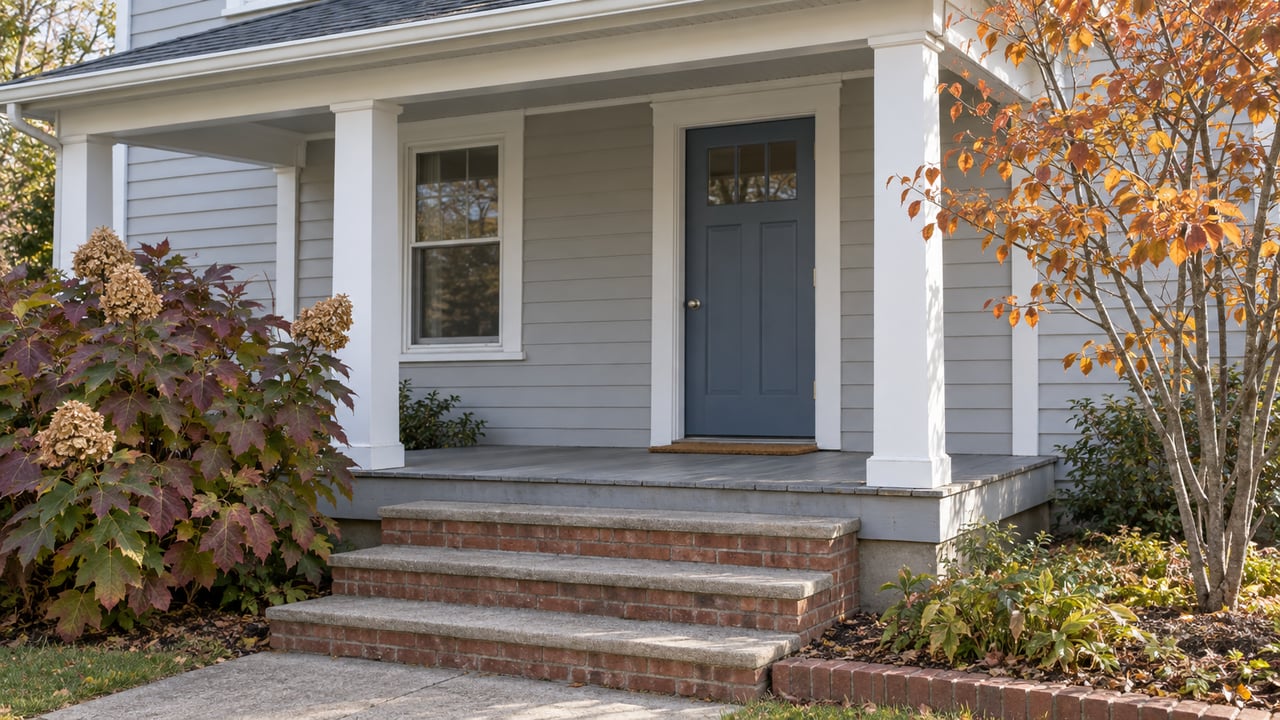 Gray clapboard home's covered porch with a blue front door, brick steps and autumn oakleaf hydrangea beside the walk.