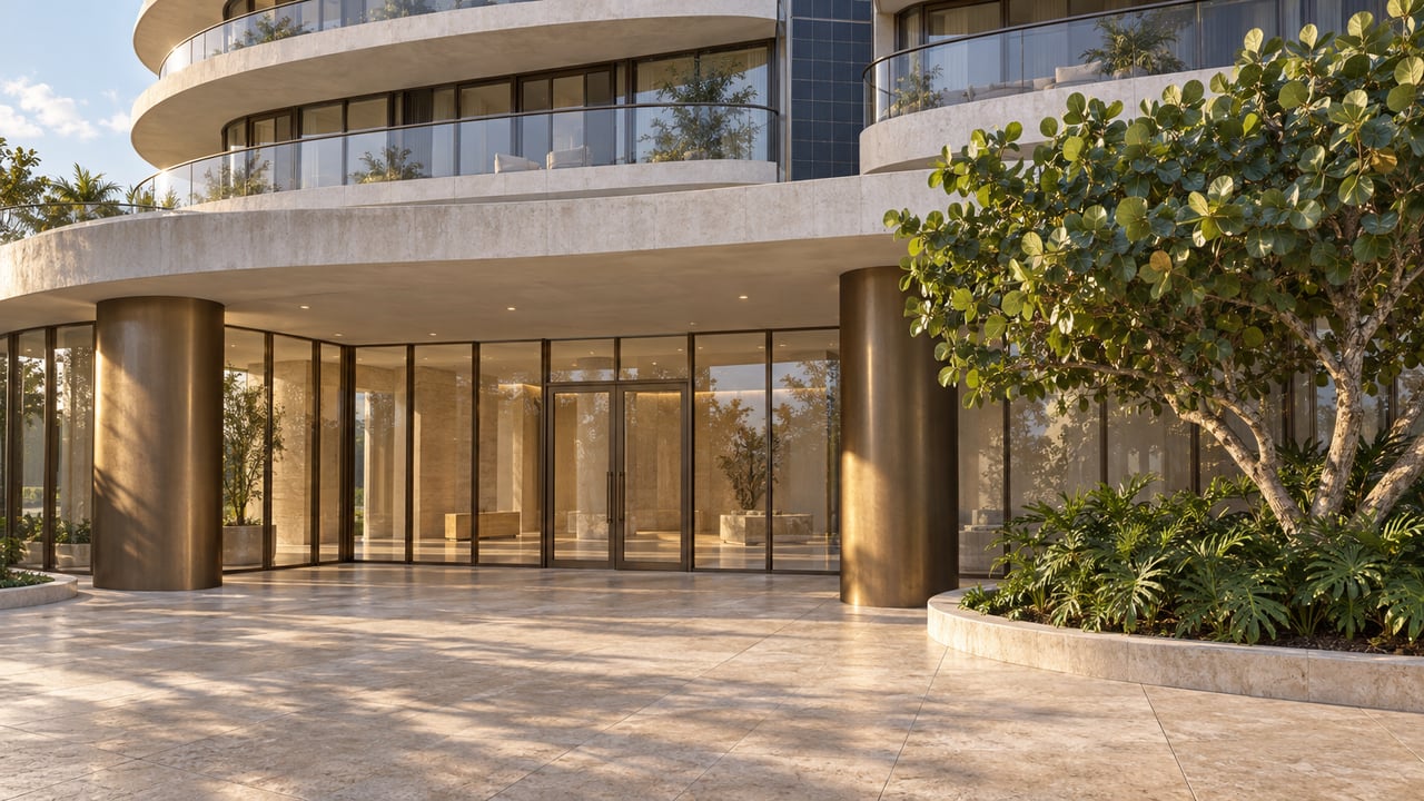Curved glass residential terraces rise above a shaded bronze-framed lobby and limestone approach beside a sculptural sea grape tree.