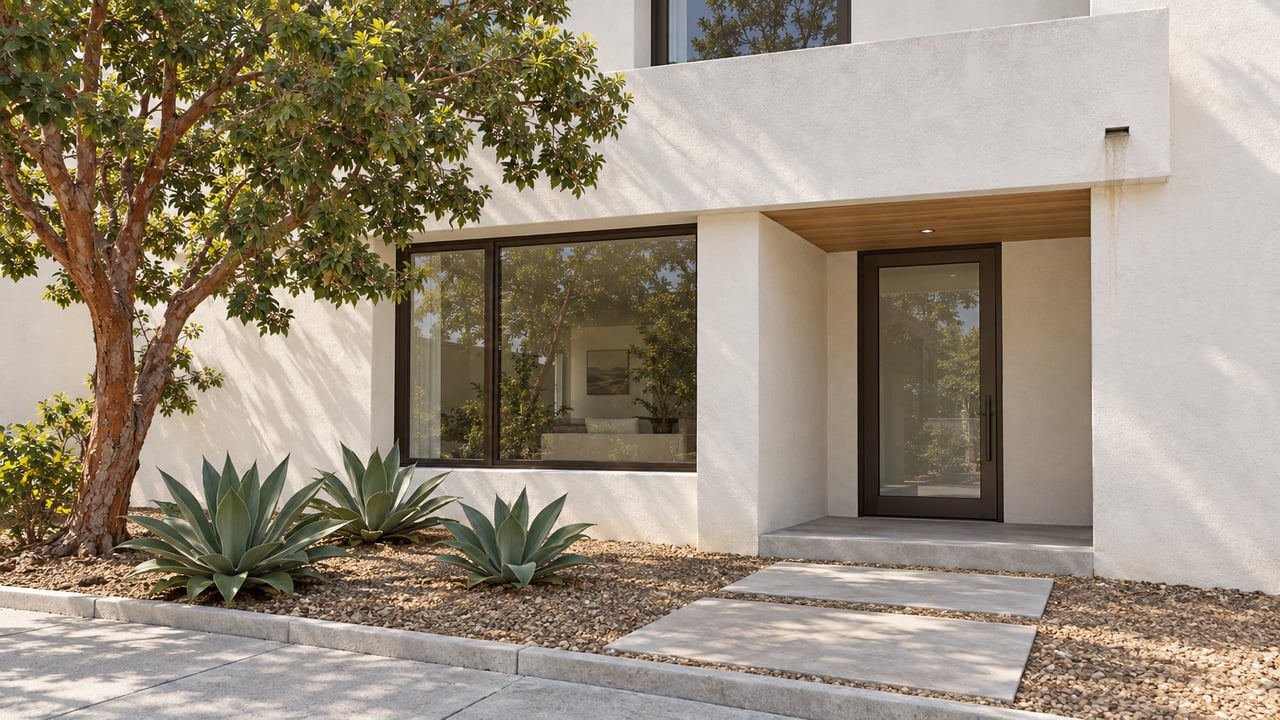 Two-story white stucco home with a balcony, bronze-framed windows, and limestone pavers across a planted strip.