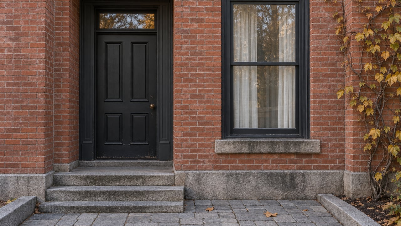 Dark recessed residential door and tall sash window in weathered red brick, above granite steps beside autumn climbing hydrangea.