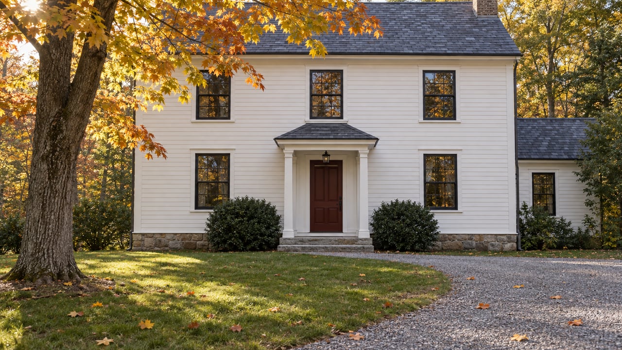 Two-story clapboard house with dark slate gables, an oxblood entry door, and a curving gravel approach beneath autumn maples.