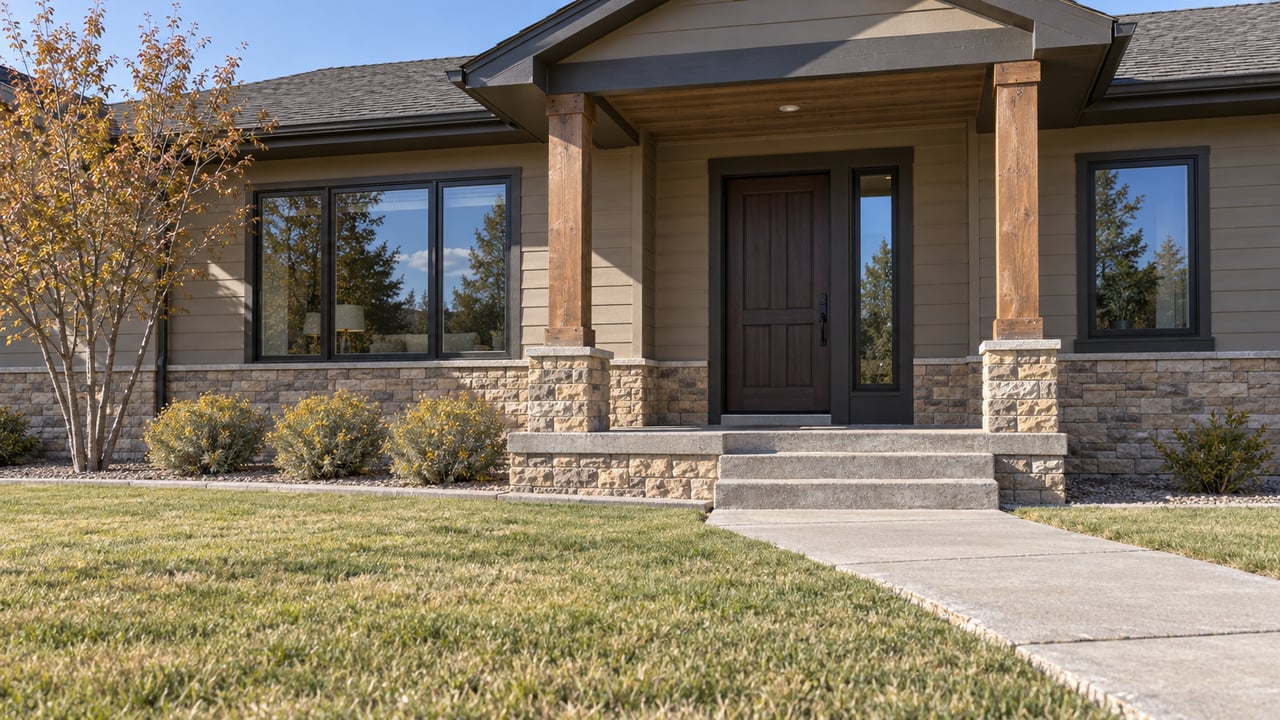 Low lawn-side view of a taupe-sided home with a timber porch, buff stone foundation, black-framed windows and autumn planting.