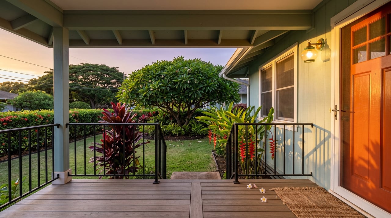 Seafoam-sided porch with an orange door, iron railing, fallen plumeria blossoms, and tropical flowers.