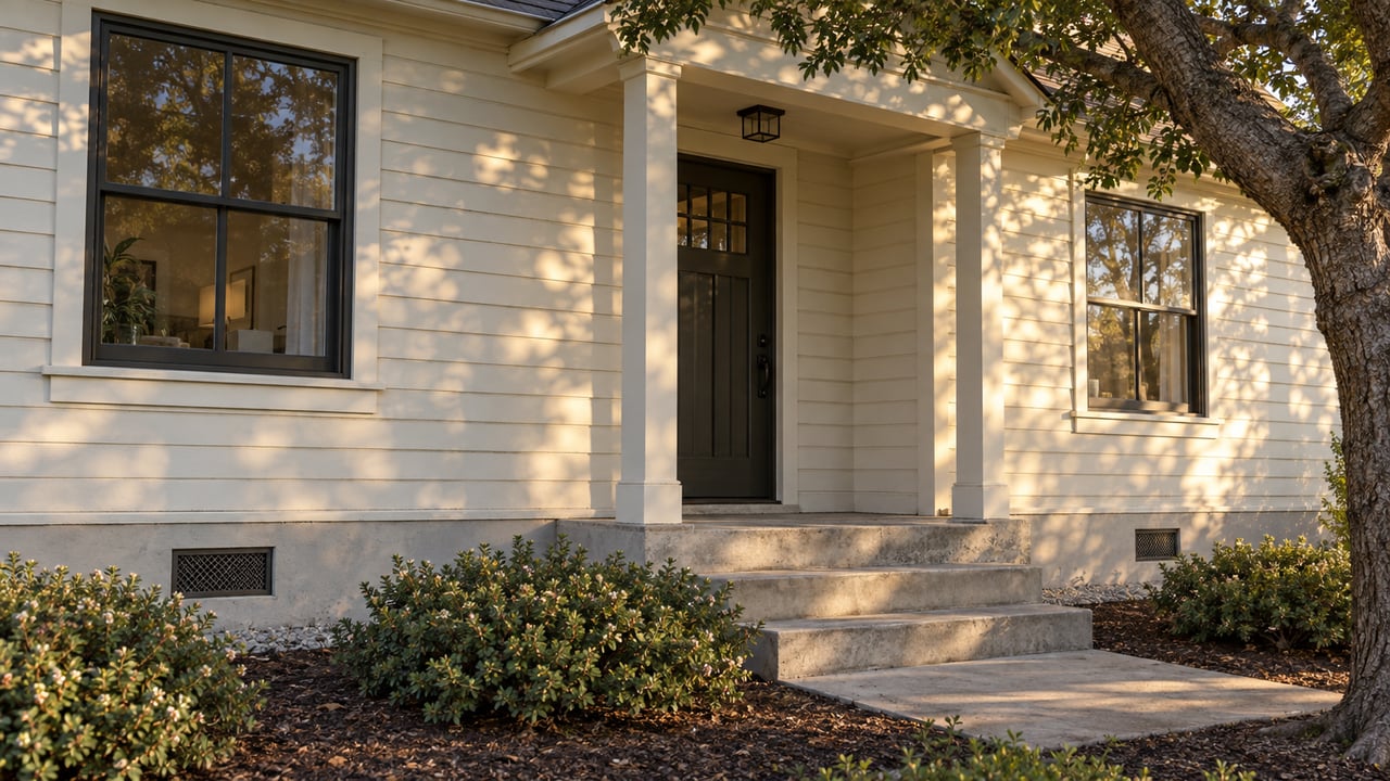 Cream-sided home with a raised concrete foundation, two sash windows, porch steps, and low shrubs beneath an oak.