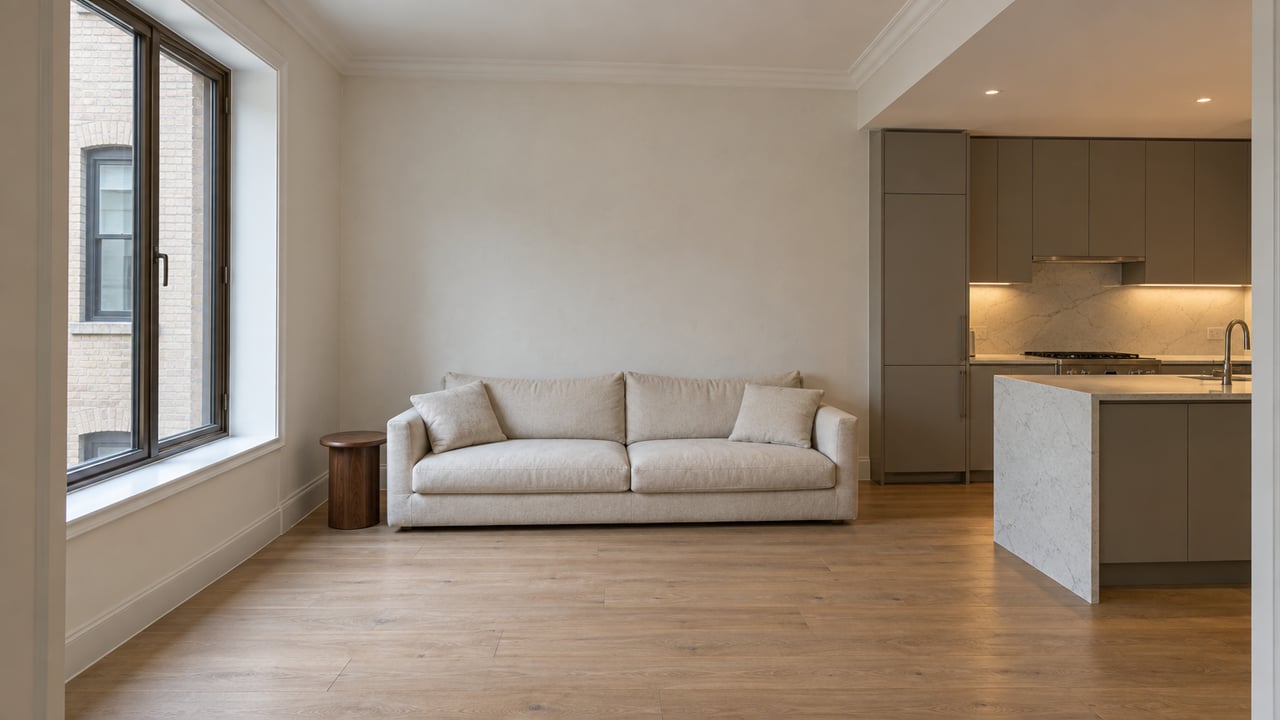 Apartment living room with a cream sofa, pale oak floor, and kitchen peninsula beside a window facing a brick wall.