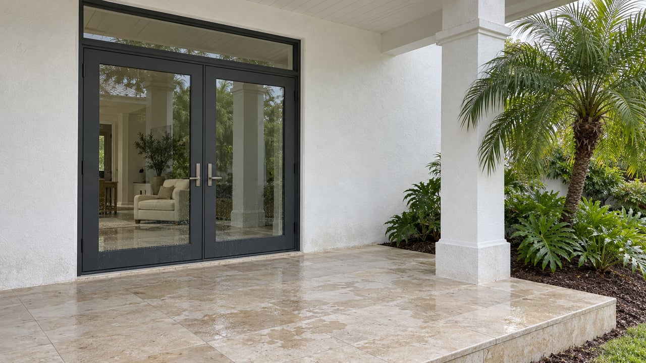 White stucco home's covered terrace with charcoal French doors, pale limestone paving and a specimen palm in a bordered planting bed.
