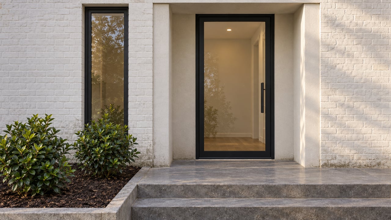 Recessed glass entry in white painted brick, with black frames, worn limestone steps and two glossy gardenia shrubs.