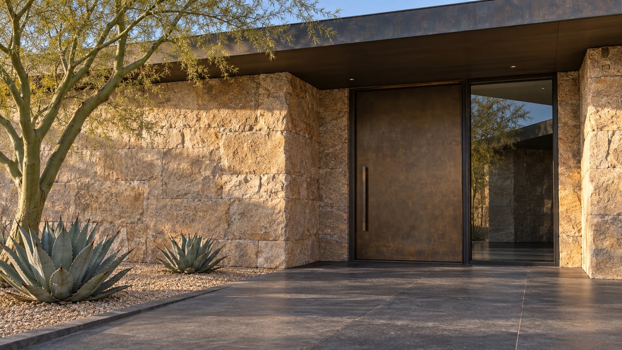 Low-angle photograph of a stone and bronze modern home entrance, shaded beneath a flat roof beside basalt paving and desert planting.