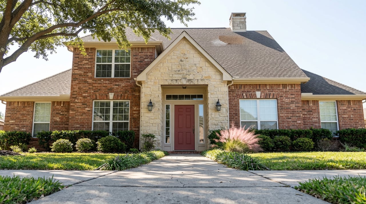 Two-story brick-and-stone home with a deep red front door, framed by a spreading live oak and clipped shrubs.