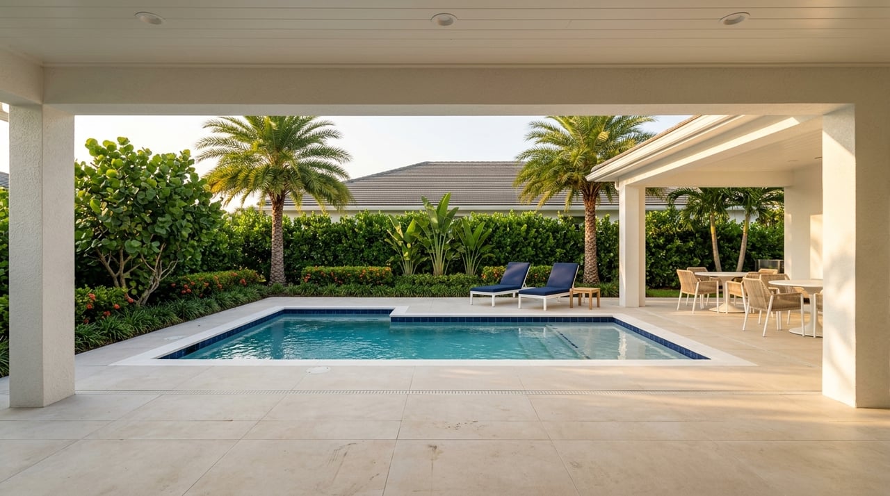 Upscale coastal lanai opens onto a pool, with warm light on clean, lived-in surfaces.